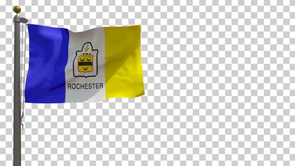 Rochester City Flag (New York, USA) on Flagpole with Alpha Channel - 4K alt