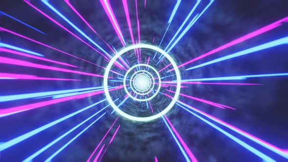 Looped Abstract Background Techno Sci Fi Cave Tunnel Road in Outer Space with neon rings and lines