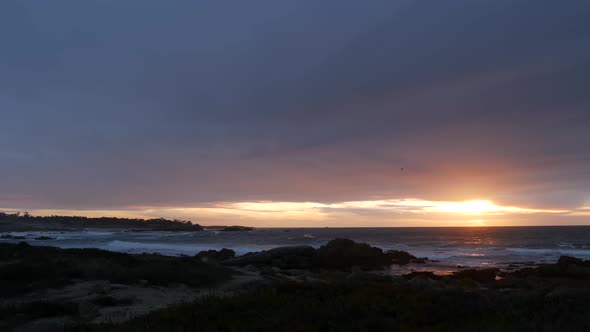 Rocky Ocean Coast Sea Waves Monterey Beach California Dramatic Sunset Sky