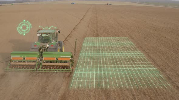 Aerial view of tractor working in field by scanning the soil alt