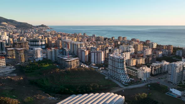 Colorful Panorama sunset over the city Aerial View 4 K Alanya Turkey alt