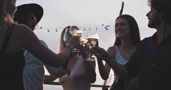 Group of cheerful people toasting with wine and enjoying sunset view alt