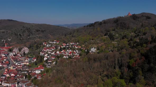 Beautiful evening flight over castle Wachenburg and Windeck Castle. Near city of Weinheim. Germany alt