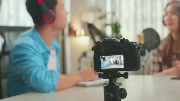 Camera Display Of Asian Man Host Record Podcast Interview Guest Conversation For Content alt