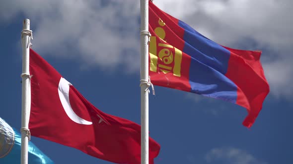 Turkish and Mongolian Flag Waving on Flagpole alt