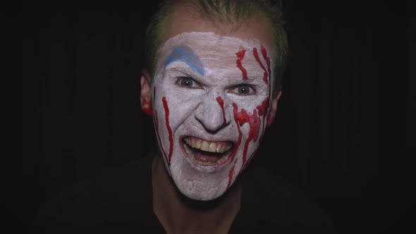 Clown Halloween Man Portrait. Creepy, Evil Clowns Blood Face. White Face Makeup alt