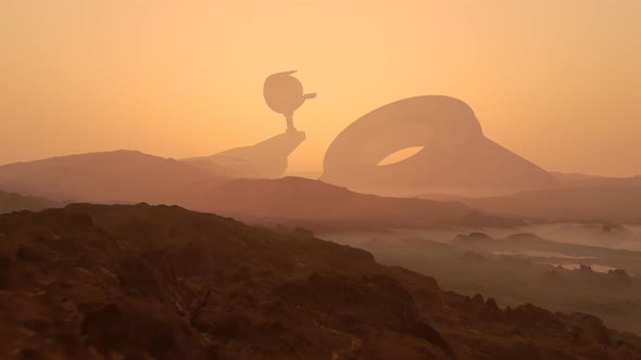 Gigantic extraterrestrial spaceship invasion on alien foggy sci-fi landscape. 4K alt