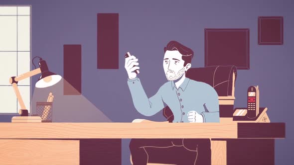 Stressed businessman working in the office, cartoon animation alt