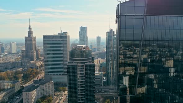 Aerial Panorama of Warsaw City. Urban Downtown Skyline with Glass Skyscrapers
