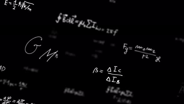 Animated white handwritten physics and math formulas move past the camera with depth of field. alt