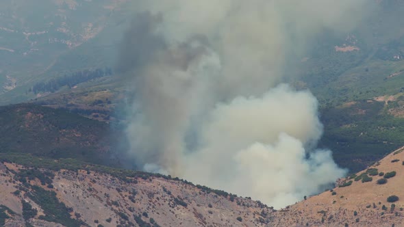 Black smoke rising in forest fire burning on Utah mountain side alt