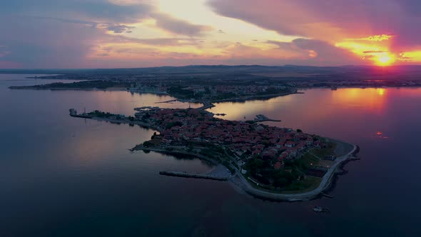 Aerial view to the Nessebar city at sunset