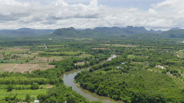 Green Mountain hill with lake or river. Nature landscape background in Phetchabun, Thailand.