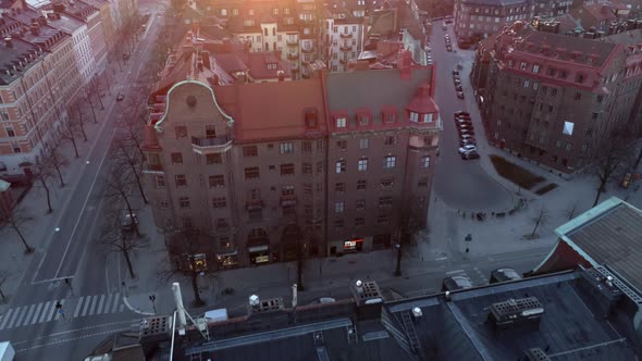 Drone Shot Flying Over Stockholm City Buildings