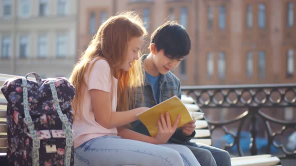 Diverse Classmates Sitting on Bench Outdoors and Doing Homework alt