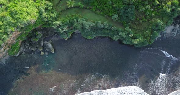 aerial cliff overgrown by tress border with the sea. drone shot of sea wave in the south coast of Ja alt