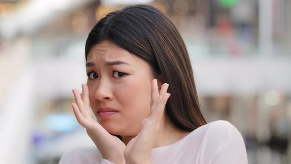 Headshot Female Emotional Face Asian Ethnic Korean Girl 20s Woman Model Frightened Lady Scared Fear alt