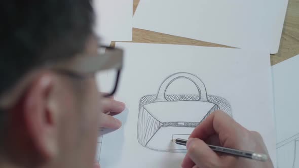 Close Up Of Man Designer Sketching Hand Bag On The Layout Bond At The Office alt