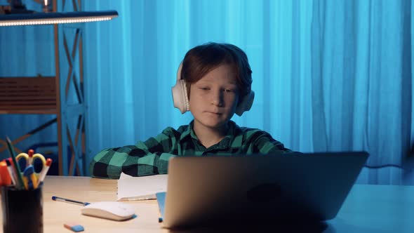 Little Boy Studying Online Using Video Call on Laptop alt