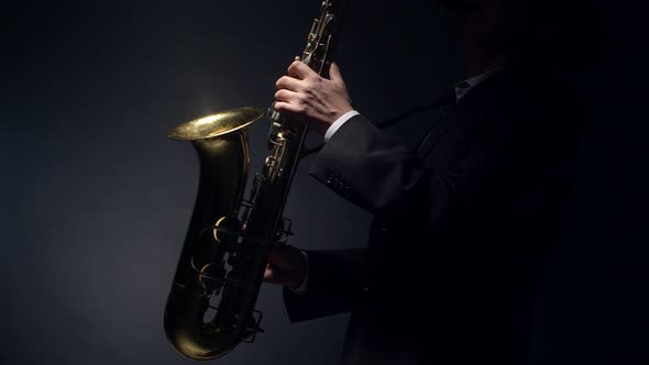 Man Musician Plays the Saxophone in Profile Studio alt