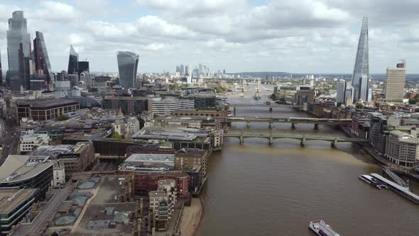 Dron View of Bankside and City of London Connected By Bridges Across the River