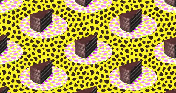 Minimal animation design. 3d creative chocolate cake on animal pattern space.