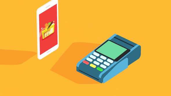 Smart cashless express payment concept. Smartphone connecting to the terminal. alt