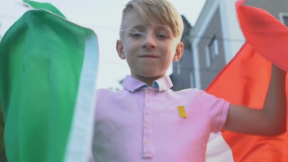 Schoolboy With Italian Flag Looking Camera, National Fest Celebration Patriotism