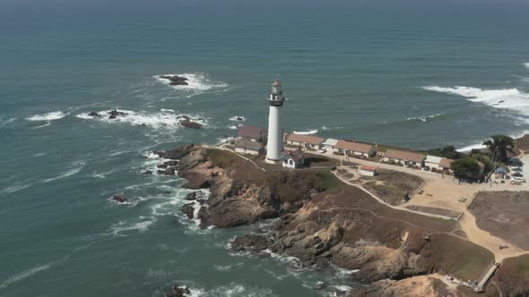 Aerial of Pigeon Point Lighthouse on Pacific Coast Highway near Half Moon Bay on California Coast alt