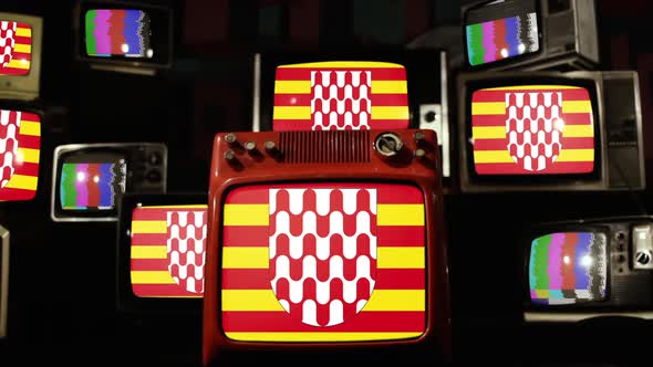 Flag of Girona, Spain, on Retro TVs.