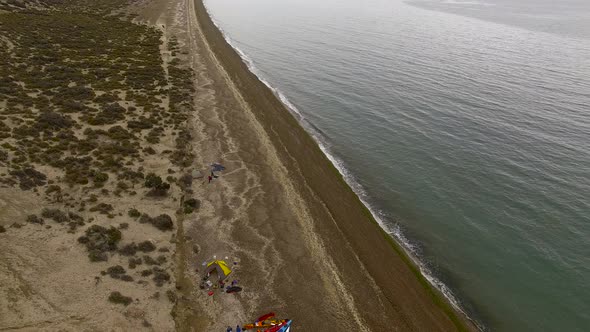 Aerial view of kayakers on beach, Peninsula Valdes, Chubut Province, Argentina alt
