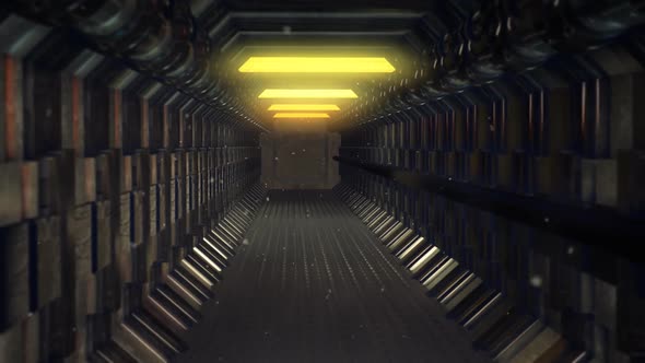 Long straight empty enclosed corridor. Dark industrial hallway in the spacecraft alt