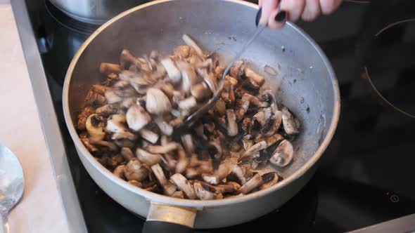 Mushrooms are Fried in a Pan in the Home Kitchen Cooking Mushrooms Julienne alt