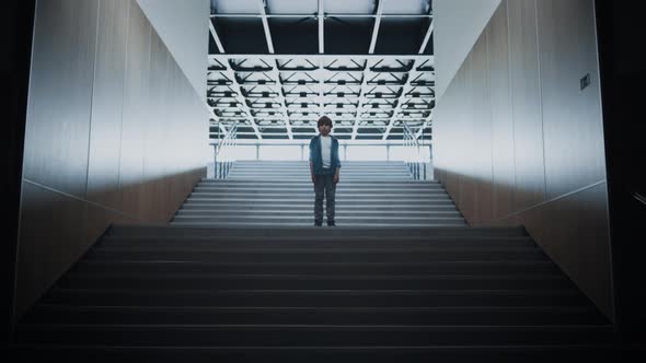 Lonely Pupil Standing Empty Hallway on Stairs Alone alt