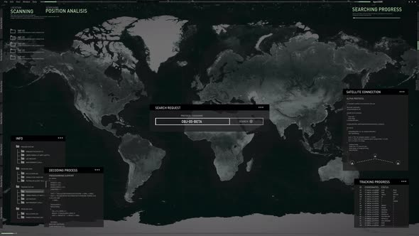 Searching the object on the global map. Modern spy technology. Scan. Analyze. alt