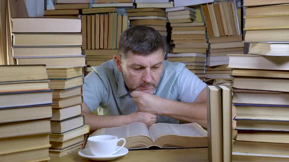 A Bearded Man Reads a Book in the Library alt