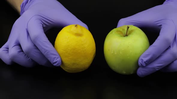 Doctor Hand Takes Away Syringe, Pills. Put Fruits Apple, Lemon. Vitamin Cure alt