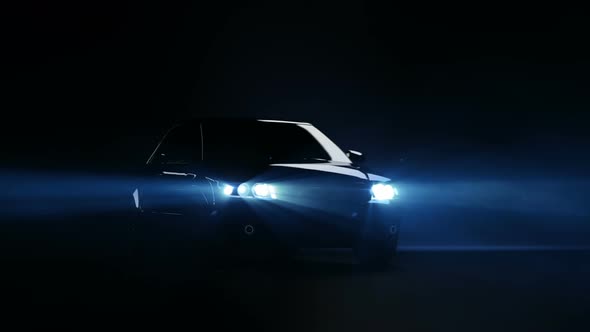 Car Headlight on Black Background. Concept of Car Presentation.