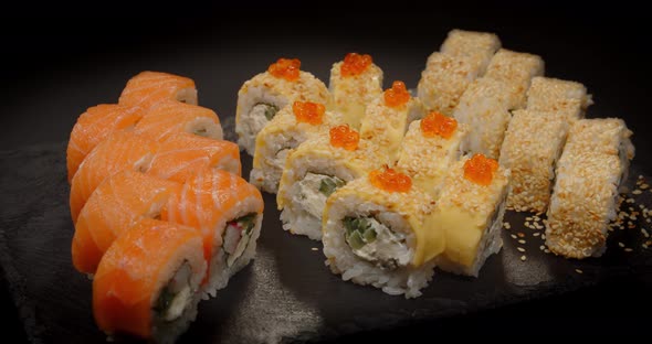 Sushi. Rolls With Different Fillings Inside. Japanese Cuisine