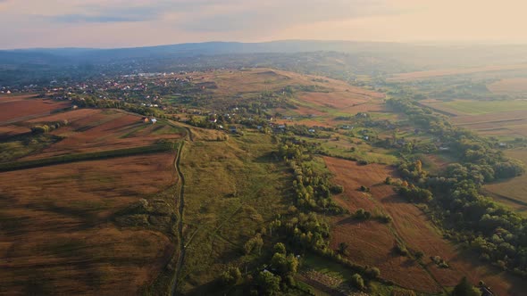 Landscape of a field and a village of western Ukraine. Aerial view.