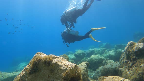 Divers Swimming Underwater Sea