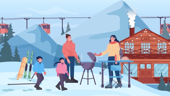 Happy Family Enjoying Winter Vacations in Ski Resort - Preparing BBQ Hot Dog - Cartoon Animations