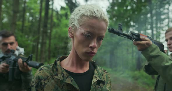 Terrorist with Weapon Captured Woman Soldier and Hostage Concept alt