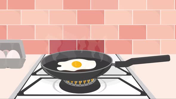 scrambled eggs are fried in a pan on a gas stove in the morning for breakfast