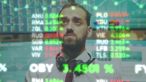 Close Up of Broker Looking at Augment Reality Display with Numbers and Trades alt