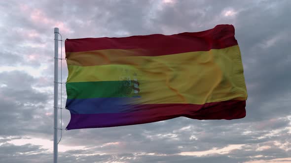 Waving Flag of Spain and LGBT Rainbow Flag Background alt