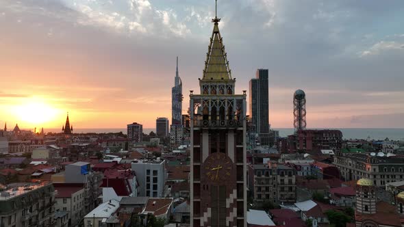 Batumi, Georgia - June 15 2022: Aerial view of Piazza Batumi in the center of city. Sunset cityscape alt