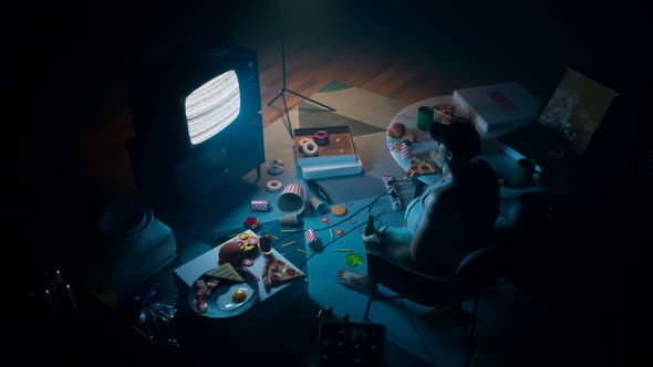 A guy from '90  in the dark room staring at tv surrounded by snacks and drinks. alt