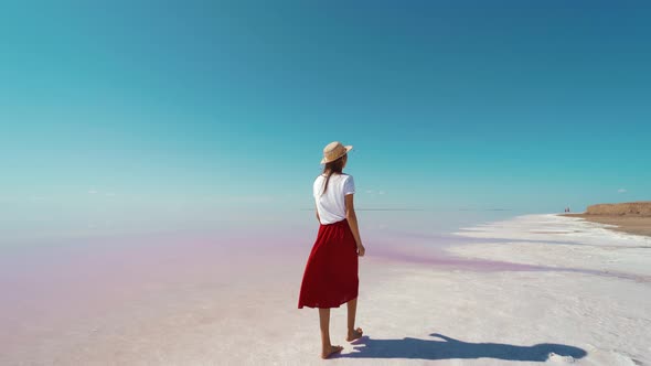 Rear View Cheerful Woman in Red Skirt Walking By Salt White Beach and Enjoying Summer Traveling to alt