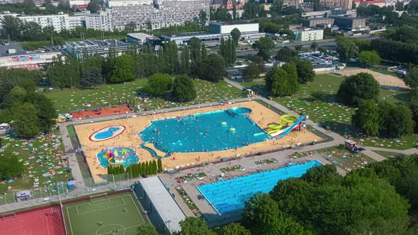 Aerial Timelapse Hyperlapse Open Air Swimming Pool in Warsaw City alt